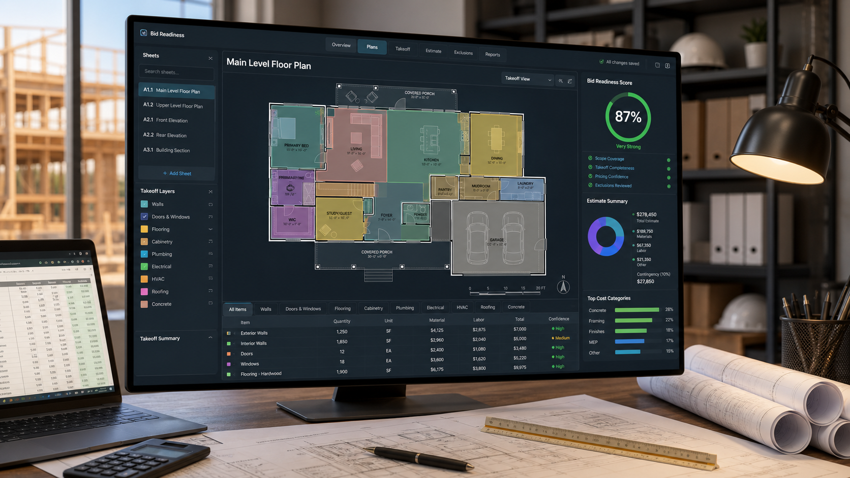 Estimator workstation with bid readiness dashboard and plan takeoff overlays